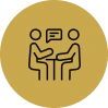 Yellow circle icon showing two people talking across a table.
