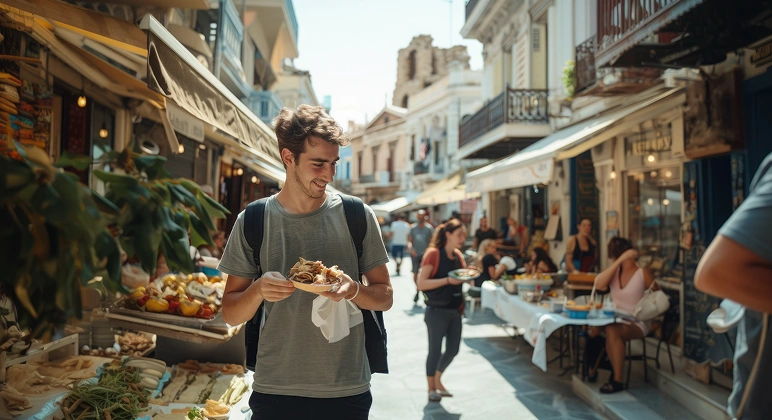 Tourist enjoying Rome street food market