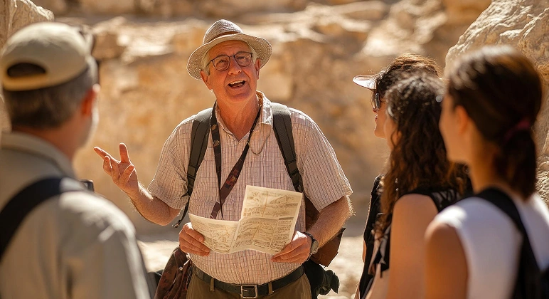 Desert tour guide explaining trip to group